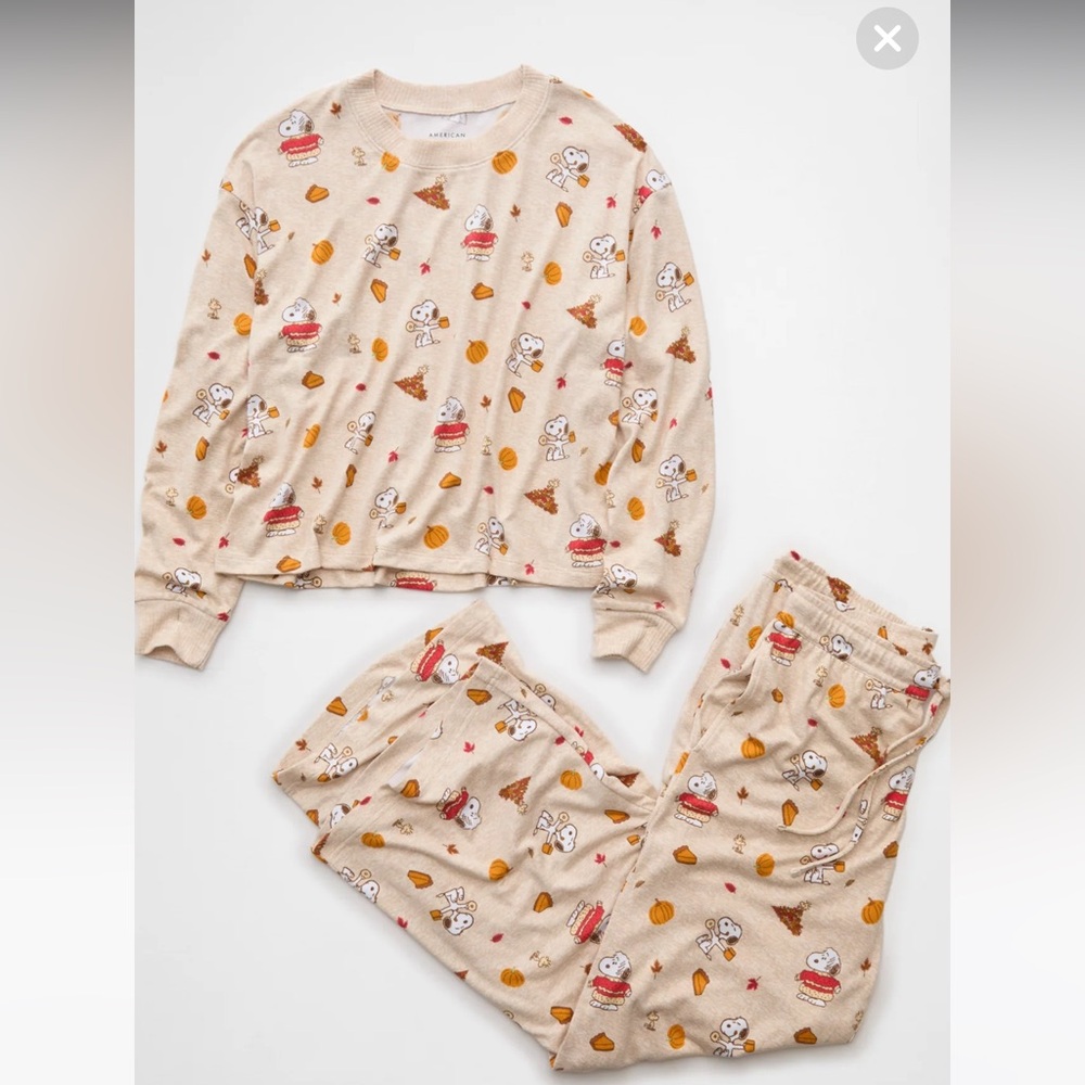 AE Luxe Plush Snoopy Fall Long-Sleeve & Pant PJ Set - Oatmeal Heather